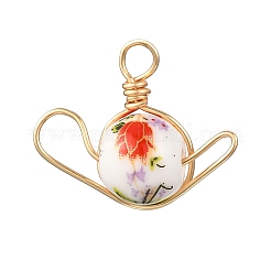 手作りの花柄磁器ペンダント  環境に優しい銅線付き  ティーポット  ミックスカラー  18x24x10mm  穴：3mm&nbsp;PALLOY-JF04480