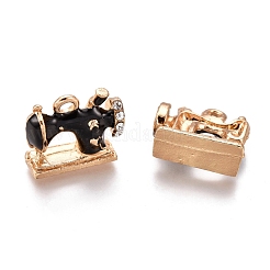 合金ペンダント  エナメルとクリスタルラインストーン付き  ミシン  ゴールドカラー  ブラック  13.5x16x6mm  穴：2mm&nbsp;ENAM-I044-03A