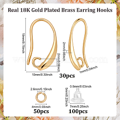 真鍮のピアスフック  真鍮オープン ジャンプ リングとプラスチック イヤー ナット付き  18KGP本金メッキ  19x10x2mm  穴：2mm  18ゲージ  ピン：1mm&nbsp;KK-ME0003-66