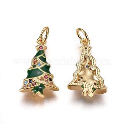真鍮キュービックジルコニアチャーム  エナメルと丸カン付き  クリスマスツリー  グリーン  ゴールドカラー  18.5x11x3mm  穴：3mm&nbsp;X-ZIRC-I028-02G