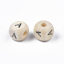 プリント天然木ビーズ  水平穴  頭文字を持つキューブ  パパイヤホイップ  文字.a  10x10x10mm  穴：3.5mm&nbsp;X-WOOD-T026-001A