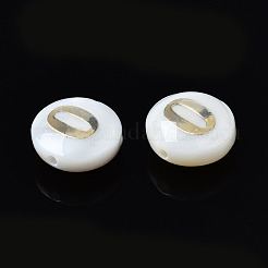 天然淡水シェルビーズ  金メッキ真鍮金属装飾付き  番号付きのフラットラウンド  NUM。0  8x4.5mm  穴：0.8mm&nbsp;SHEL-N003-20-00