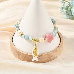 Summer Alloy Fishbone and Natural Shell Fish Charm Bracelets&nbsp;BJEW-JB14438
