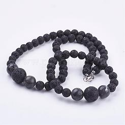 天然アクセサリービーズネックレス＆ストレッチブレスレットジュエリーセット  天然の溶岩ロックビーズと真鍮製のカニカン付き  17.71インチ（45cm）  2インチ（52mm）&nbsp;SJEW-JS00918