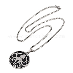 201 Stainless Steel Black Enamel Flat Round with Octopus Pendant Necklaces&nbsp;NJEW-K283-31P