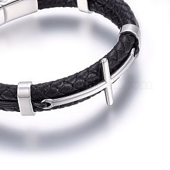 レザーコードブレスレット  304ステンレススチール製マグネット留め具付き  クロス  ステンレス鋼色  8-5/8インチ（22cm）  12~22x6~8.5mm&nbsp;BJEW-G603-09P