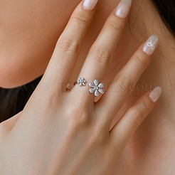 Flower Rhodium Plated 925 Sterling Silver Micro Pave Clear Cubic Zirconia Open Cuff Rings for Women&nbsp;RJEW-Q816-04P