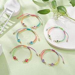 調整可能な編組ナイロン糸リンクブレスレットの作成  樹脂ナザールボンジュウで  本物の18K金メッキ真鍮ビーズと304ステンレススチールの丸カン  ミックスカラー  6インチ（15.1cm）  穴：3mm&nbsp;AJEW-JB01159