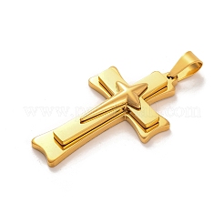 PVD真空メッキ304ステンレスペンダント  スターチャーム付きクロス  ゴールドカラー  44.5x26x6.8mm  穴：8x4mm&nbsp;STAS-Z080-02G