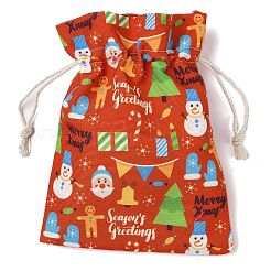 クリスマステーマの布プリント収納バッグ  巾着袋  長方形  レッド  20x15x0.4cm&nbsp;ABAG-F010-02C-03