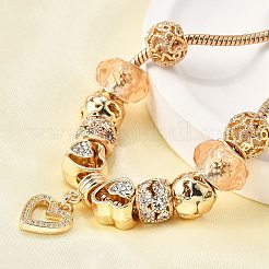 合金ヨーロッパビーズチャームブレスレット  女性用スネークチェーンブレスレット  ハート  樹脂とラインストーン付き  鉛フリー＆カドミウムフリー  ゴールドカラー  7-1/8インチ（18cm）&nbsp;BJEW-F495-09G