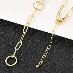 真鍮のペーパークリップチェーンとラリアットネックレス  丸いリング付き  長持ちメッキ  ラックめっき  鉛フリー＆カドミウムフリー  18KGP本金メッキ  16.73~18.11インチ（42.5-46cm）&nbsp;NJEW-H087-06G-G