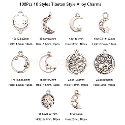 100個10スタイルチベットスタイルアロイリングペンダント  月＆星  カドミウムフリー＆鉛フリー  アンティークシルバー  19.5x16x3mm  穴：1.5mm  10個/スタイル&nbsp;TIBEP-CJ0001-47