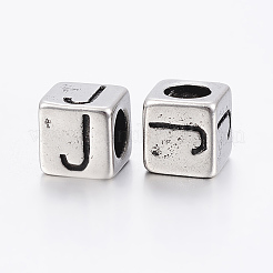 304 ステンレススチール 大きな穴文字 ヨーロッパ ビーズ  文字.j付きのキューブ  アンティークシルバー  8x8x8mm  穴：5mm&nbsp;STAS-H428-01AS-J