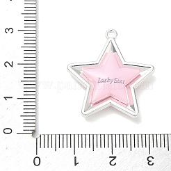 スプレープリント合金ペンダント  星と「ラッキースター」の文字が入ったお守り  プラチナ  ピンク  26x24x5mm  穴：1.6mm&nbsp;AL-CBA5B8E-14P-03