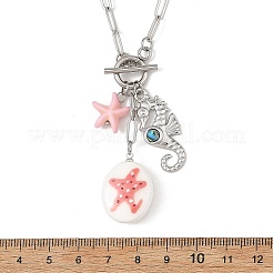 Handmade Porcelain Oval with Starfsih & 304 Stainless Steel Sea Animals Pendant Necklaces with OT Clasps&nbsp;NJEW-JN06563