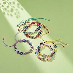 ナザールボンジュウ樹脂ビーズ & ハムサハンド合金ラインストーン編組ビーズのブレスレット女の子の女性  調節可能なナイロン糸コードブレスレット  ゴールドカラー  ミックスカラー  内径：1-3/4~3-1/8インチ（4.45~7.8cm）&nbsp;BJEW-JB08740-02