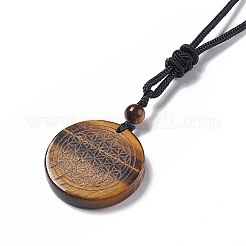 Natural Gemstone Flat Round with Flower of Life Pendant Necklace with Nylon Cord for Women&nbsp;NJEW-P274-02