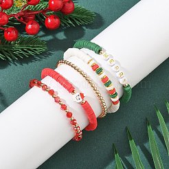 クリスマステーマのポリマー粘土、アクリル、ガラス、真鍮ビーズのブレスレット  ストレッチブレスレット  ミックスカラー  内径：2-1/4~2-1/4インチ（5.65~5.8cm）&nbsp;BJEW-TA00546
