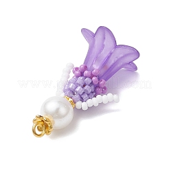 ガラスシードビーズの花の置物ペンダント  ガラスパールとアクリル  スミレ  33x18x17.5mm  穴：2.5mm&nbsp;PALLOY-MZ00686-02