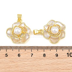 真鍮マイクロパヴェクリアキュービックジルコニアペンダント  エナメル & ABS プラスチック模造パール付き  花のチャーム  ラックめっき  長持ちメッキ  鉛フリー＆カドミウムフリー  ゴールドカラー  22x20x10mm  穴：5x3.5mm&nbsp;KK-CBA6A75-53D-G