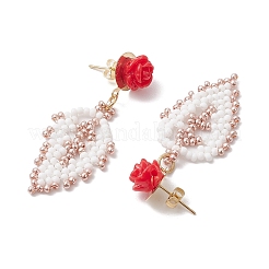 Rose with Leaf Seed Beads Stud Earrings&nbsp;EJEW-MZ00222