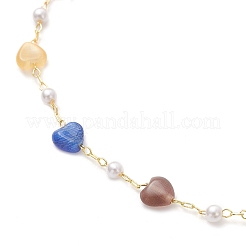 Colorful Cat Eye Heart & Plastic Pearl Beads Brass Link Chain Anklets&nbsp;AJEW-AN00729
