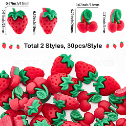 60 個 2 スタイル樹脂デコデンカボション  模造食品  ストロベリー＆チェリー  レッド  20~23x17x8~10mm  30個/スタイル&nbsp;CRES-SC0003-13