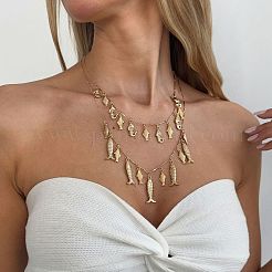 ボヘミアンオーシャン亜鉛合金＆鉄製マルチフィッシュペンダントダブルレイヤーネックレス（女性用）  ゴールドカラー  17.72インチ（45cm）および21.65インチ（55cm）  2個/セット&nbsp;WG627B2-01