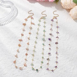 3Pcs 3 Styles Natural Sunstone & Green Aventurine & Amethyst Chip & Brass Handmade Link Chain Necklaces for Women&nbsp;NJEW-JN05573