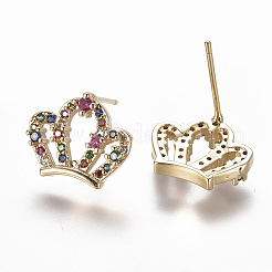 ブラスマイクロパヴェキュービックジルコニアスタッドピアス  クラウン  カラフル  11x13x3mm  ピン：0.7mm&nbsp;EJEW-K078-04