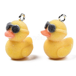 フロッキー樹脂ペンダント  プラチナメッキ鉄ループ付き  メガネをかけたアヒル  ゴールド  27x22x16.5mm  穴：2.5mm&nbsp;X-RESI-N032-04