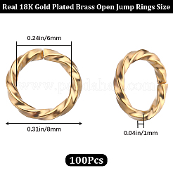 100 個真鍮オープン丸カン  長持ちメッキ  ツイストラウンド  18KGP本金メッキ  18ゲージ  8x1mm  内径：6mm&nbsp;KK-CN0002-53