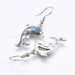アワビシェル/パウアシェルダングルピアス  真鍮パーツ  イルカ  プラチナ  47~48mm  ピン：0.7mm&nbsp;EJEW-F147-A02