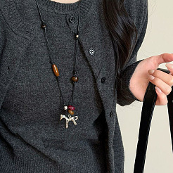 Alloy & Wood Horse Pendant Adjustable Waxed Cord Long Necklaces for Women&nbsp;WGBF527-01