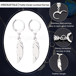 フェザーダングルフレンチフックピアス 20組  女性用ドロップピアス  ステンレス鋼色  40mm  ピン：0.6x0.8mm&nbsp;EJEW-UN0001-86