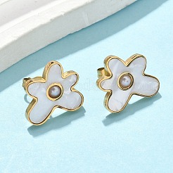 女性用フラワー 304 ステンレス ペンダント ネックレス & スタッド イヤリング セット  プラスチック製の模造真珠と合成貝殻を使用  イオンプレーティング（ip）  ゴールドカラー  16.14インチ（410mm）&nbsp;SJEW-B020-02G