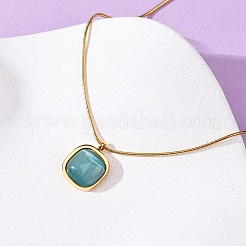 304 Stainless Steel & Dark Turquoise Cat Eye Square Pendant Round Snake Chain Necklaces for Women&nbsp;NJEW-K255-47G