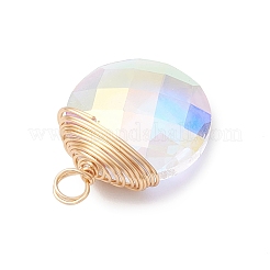 2個のガラスペンダント  フラットラウンド  銅線と  多面カット  ミックスカラー  24.5~25x18x7.5mm  穴：3mm&nbsp;PALLOY-JF03763