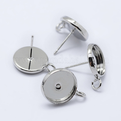 真鍮のスタッドのピアスのセッティング  カン付き  フラットラウンド  プラチナ  トレイ：10mm  16x12mm  穴：2mm  ピン：0.8mm&nbsp;KK-P131-01A-10mm-P-1