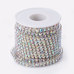 Brass Rhinestone Strass Chains, with Spool, Rhinestone Cup Chains, Silver Color Plated, Crystal AB, 4mm, about 10yards/roll