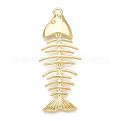 Brass Big Pendants, Cadmium Free & Lead Free, Fishbone, Real 18K Gold Plated, 84x32.5x6.5mm, Hole: 4mm