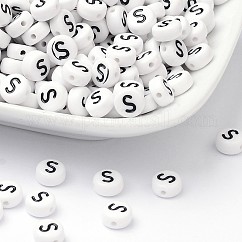 Acrylic Beads, with Horizontal Hole, Letter, Flat Round, Letter S, 7x4mm, Hole: 1.2~1.8mm, about 3500pcs/500g