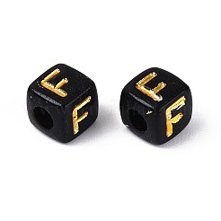 不透明なアクリルビーズ  ゴールドライン入り  文字付きのキューブ  ブラック  文字F  4.5~5x4.5~5x4.5~5mm  穴：2mm  約6250個/500g&nbsp;SACR-T035-20F