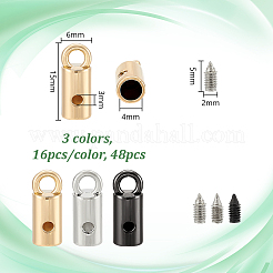 48個3色の亜鉛合金コードエンド  エンドキャップ  コラム  ミックスカラー  15x6mm  穴：3mm  内径：4mm  16個/カラー&nbsp;FIND-PH0023-60A