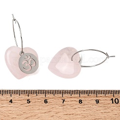 天然ローズクォーツと304ステンレススチールを使用した女性用フープピアス  フラットラウンド型、ヒンドゥー教のオーム（Aum）シンボル模様とハート付き  ステンレス鋼色  35x20mm&nbsp;EJEW-G475-04P-05
