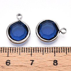 K9ガラスチャーム  フラットラウンド  真鍮パーツ  多面カット  プラチナ  ダークブルー  13.5~14x10.5~11x3.5~4mm  穴：1.8mm&nbsp;X1-GLAA-T023-37B-06