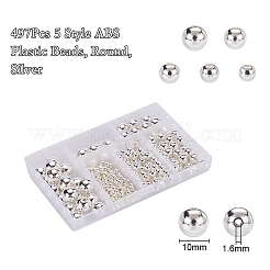 497個5スタイルabsプラスチックビーズ  ラウンド  銀メッキ  4~12x3.5~11.5mm  穴：1.2~2mm&nbsp;OACR-YW0001-10B