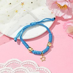 ハート＆スター真鍮チャームブレスレット  女性用調節可能なポリエステル編みコードブレスレット  ディープスカイブルー  ゴールドカラー  内径：1-1/8~3-1/4インチ（3~8.2cm）&nbsp;BJEW-JB10583