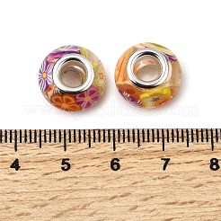 ヨーロッパのビーズの中に花のポリマー粘土が入った樹脂  真鍮の芯を持つ大きな穴のビーズ  ロンデル  プラチナ  ミックスカラー  14x9mm  穴：5mm&nbsp;RESI-H037-01B